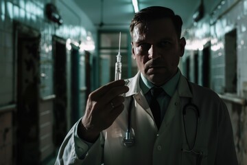 In a shadowy, old hospital, a doctor holds a suspicious vial, casting doubts about the test it contains - obrazy, fototapety, plakaty