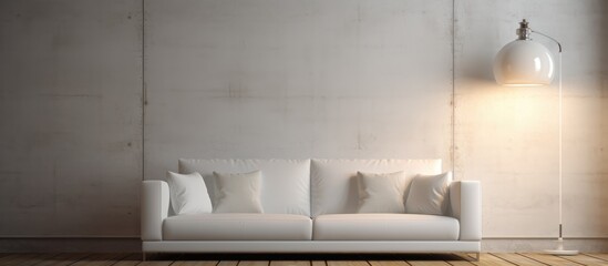 A white couch is positioned against a wall in a living room, accompanied by a lamp. The simple and elegant decor creates a cozy atmosphere.