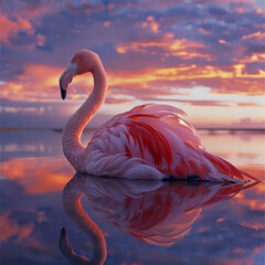 Un flamant rose se repose sur un lac calme, son reflet se mêlant aux couleurs chaudes du ciel au coucher du soleil