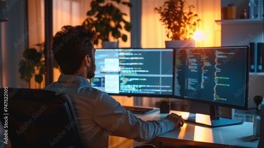Aufkleber Developer working in a home office with two monitors in front of him. Generative AI.