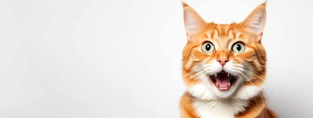 Ginger cat with mouth open looking shocked surprised. White color background. Copy space. Pet long banner. Skeptic cat closeup. Tabby feline look up side, making funny face. Wide eyed kitten call meow