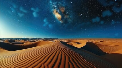 An empty dune desert under a bright starry sky. Generative AI.