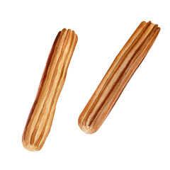Set of watercolor churros. Spanish or mexican snack. Sweet dessert. Hand-drawn illustration isolated on transparent.	