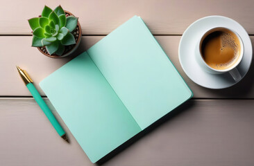 Elegant workspace with top view featuring a graceful arrangement. A coffee cup, empty notebook, pen, and a lush plant in a pot adorn the desk, creating a serene and atmosphere. Mint green color scheme