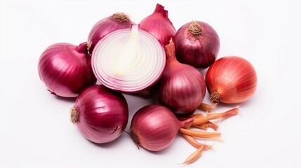 Red onion and spices isolated on white background, top view