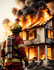 A valiant firefighter stands ready in front of a blazing inferno, prepared to defend against the house fire. The scene epitomizes the valor and commitment of fire service personnel.