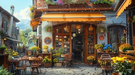 A coffee shop building with some flowers in the courtyard. Generative AI.