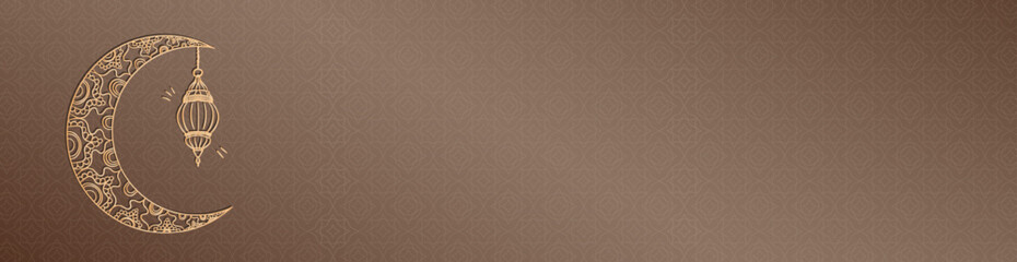 Blank Ramadan Kareem beige panoramic banner with hand drawn linear golden crescent moon and shiny Arabic lantern. Empty header with outline Muslim crescent, lamp and arabesque pattern for Eid Mubarak