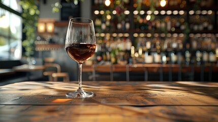 Glass wine on modern elegant wooden table, wine bar in the background. Generative AI. - obrazy, fototapety, plakaty