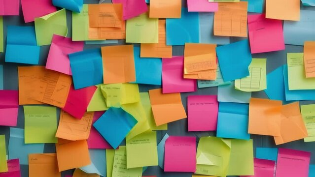 Detailed view of a whiteboard covered in colorful postit notes showcasing employee suggestions and feedback for improving workplace culture.