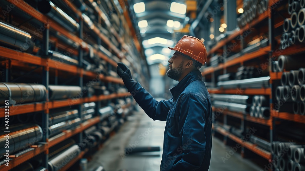 Poster Engineer Inspecting Steel Pipe Material for Production on Shelf Rack at Factory . Generative AI.