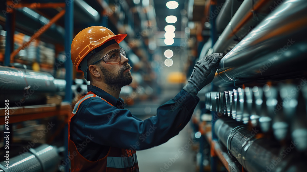 Poster Engineer Inspecting Steel Pipe Material for Production on Shelf Rack at Factory . Generative AI.