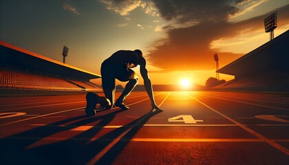 The image captures a silhouette of a sprinter in the starting blocks at a track and field stadium, poised to start the race with the dramatic backdrop of a setting sun.

