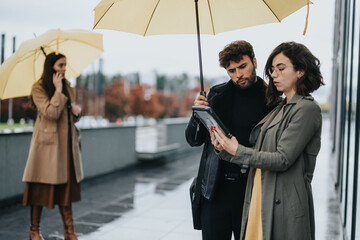 Two people in stylish coats share an umbrella and view content on a tablet on an overcast, rainy day in the city with another person blurred in the background.