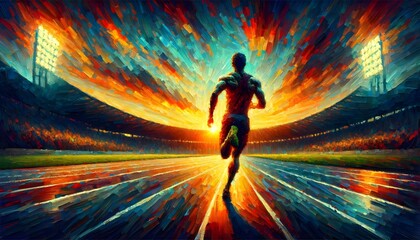 The image is an artistic rendering of a runner in motion on a track, with exaggerated perspective lines leading to a radiant point behind the figure