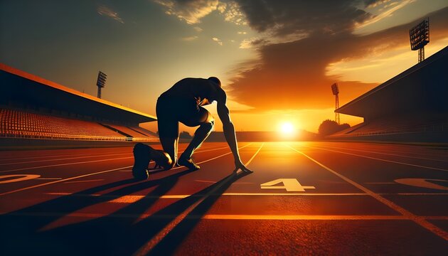 The image captures a silhouette of a sprinter in the starting blocks at a track and field stadium, poised to start the race with the dramatic backdrop of a setting sun.

