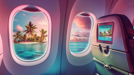 Airplane windows with tropical view. Travel concept. 