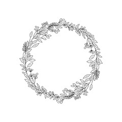 Hand drawn botanical wreath line art vector illustration isolated on transparent background. Circle frame with leaves in black ink sketch style. Elegant wedding invitation design.
