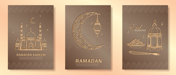 Set of beige Ramadan Kareem greeting cards with hand drawn linear golden Mosque, crescent moon, Arabic lantern, dates, Muslim rosary praying beads. Template of Eid Mubarak outline vertical banners - obrazy, fototapety, plakaty