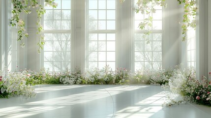 Antique spring scene with sunny white windows on a completely white floor and flowers on the edge Backdrop. Generative AI.