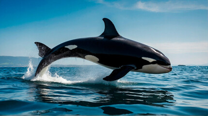 Orca wales jumping out of sea surface. World Oceans Day Save Environment Concept