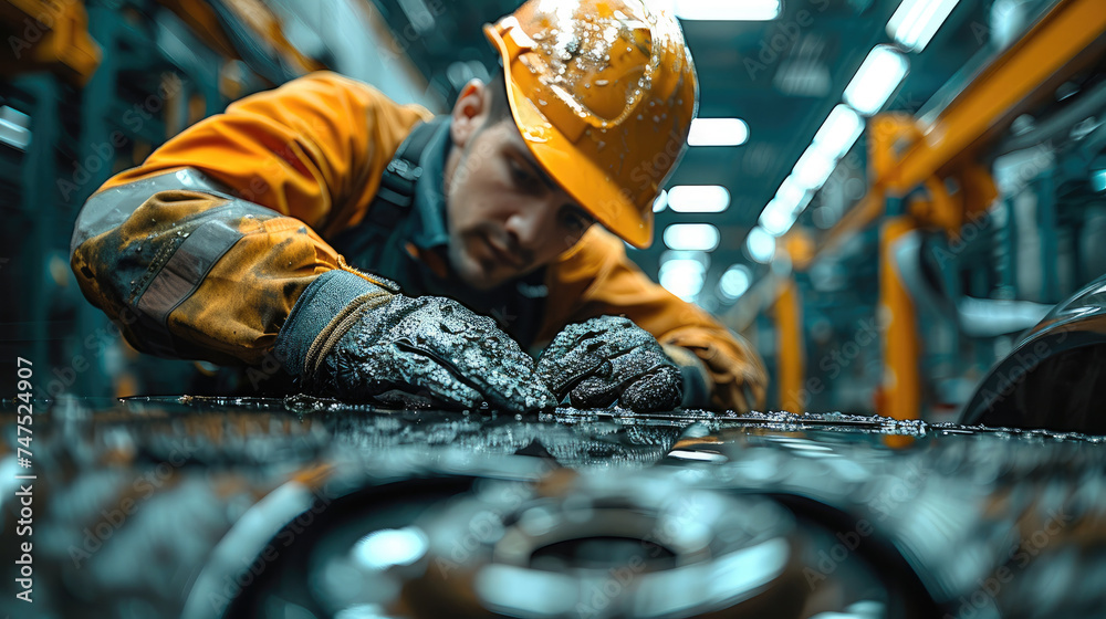 Poster close-up of a worker repairing a car. generative ai.