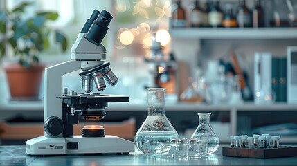 A beaker and microscope on desk with microscope at lab. Generative AI.
