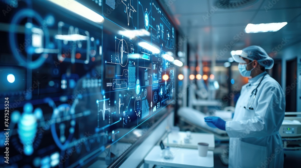 Leinwandbilder Digital healthcare and network, Digital healthcare and network connection on hologram virtual interface. electronic medical record on digital interface. Generative AI.