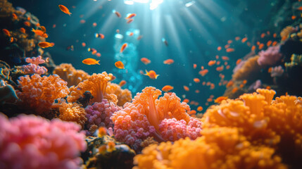 Underwater photography, scuba divers swimming over a lively coral reef surrounded by small tropical fish in blue ocean