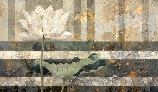 a painting of a white lotus with gray and white stripes Generative AI