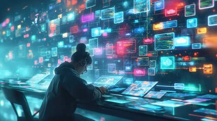 a futuristic mobile developer at their work table, surrounded by holograms of mobile apps, depicting a cutting-edge workspace.