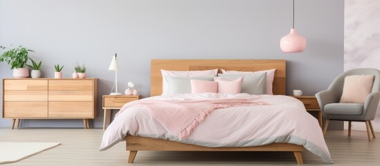 A bedroom featuring a bed with pink bedding, a wooden dresser, and a grey armchair. The room is decorated with pastel colors, creating a cozy and inviting atmosphere.