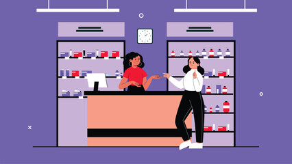 Saleswoman in supermarket interior. People standing in store checkout line. Vector flat illustration of mall.