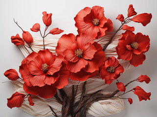a red flower laying on a white background