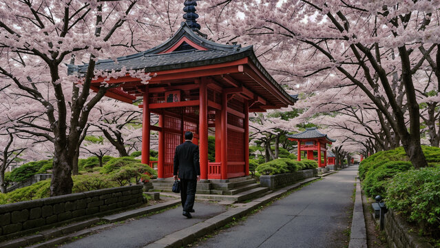 A man in black walks on a path between blooming cherry trees and a red pagoda. ai generative