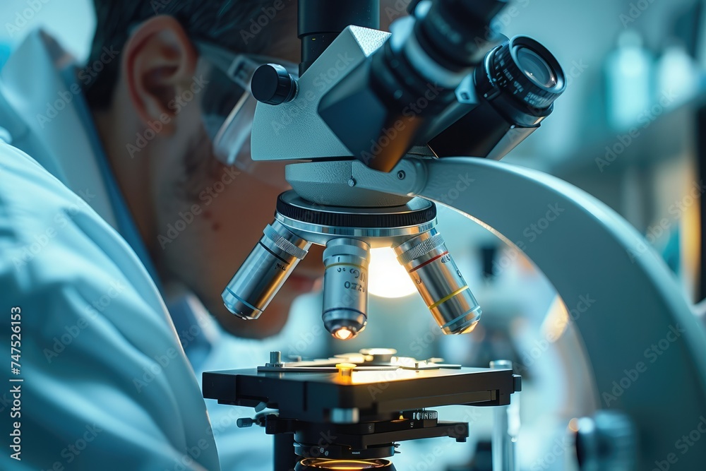 Aufkleber Close-up of a scientist using a microscope in a laboratory, conducting medical testing and research for advancements in healthcare. Generative AI.
