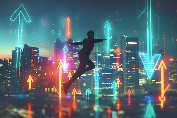 Create an image of a silhouette of a business person in mid-leap against a backdrop of a stylized city skyline. 