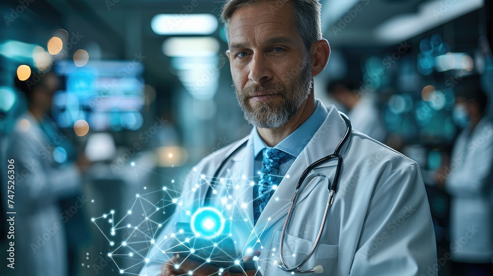 Poster Digital healthcare and network connection on hologram virtual interface. Doctor hold health icon. electronic medical record on digital interface. digital healthcare and network. Generative AI.