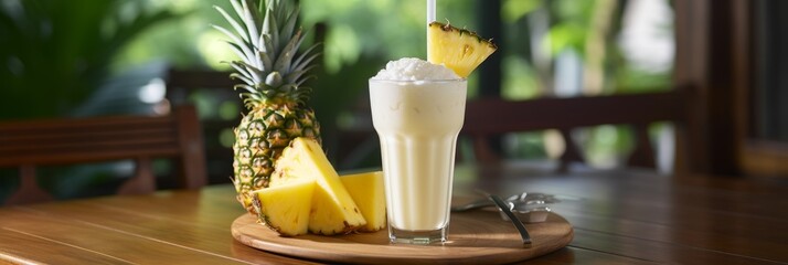Tropical pina colada coconut pineapple cocktail on beach cafe table, summer close-up - obrazy, fototapety, plakaty