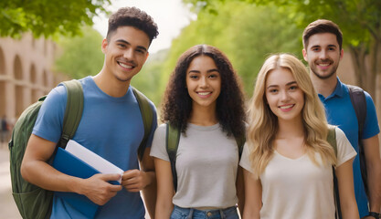 Group of University  students  walking together on campus
