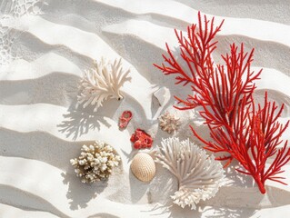 Red coral on white sand with light shining on it