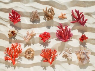 Red coral on white sand with light shining on it