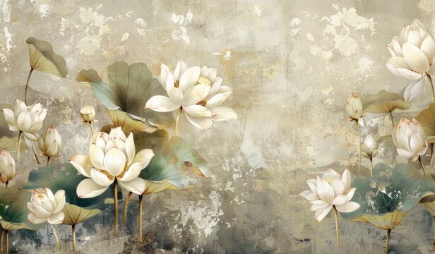 a wallpaper of white lotus flowers on a beige background Generative AI © sean