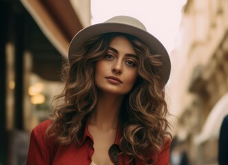 Fashionable woman with beige hat and wavy hair, close-up portrait on city street background
