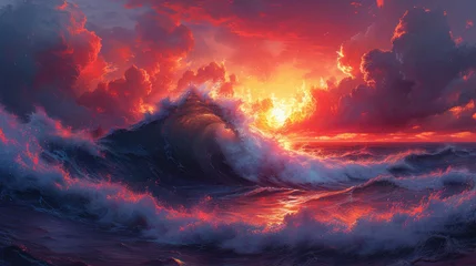 Foto op Canvas Glossy Ocean Wave under beautiful sunset © PNG