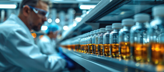 A shelf in a laboratory with several chemicals in white plastic bottles on it, scientists in lab coats and safety goggles working in the background. Generative AI.