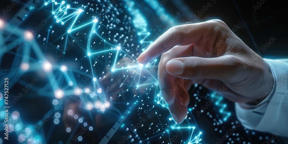 Poster Close-up hand. Doctor touching electronic medical DNA. Digital healthcare and network connection on hologram modern virtual screen interface, medical technology and network. Generative AI.