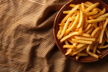 Top view of a refined  french fries on a wooden board against a natural linen fabric background. AI Generation