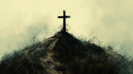a black cross on top of a hill - obrazy, fototapety, plakaty