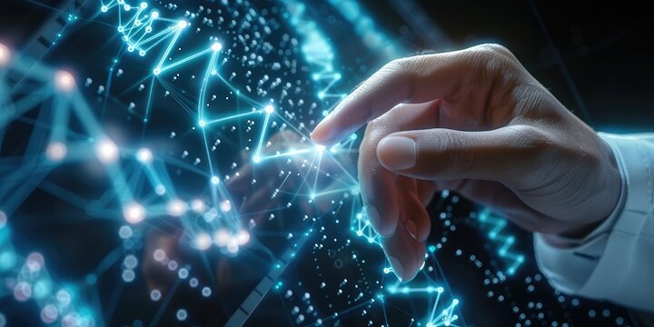 Close-up hand. Doctor touching electronic medical DNA. Digital healthcare and network connection on hologram modern virtual screen interface, medical technology and network. Generative AI. - Powered by Adobe